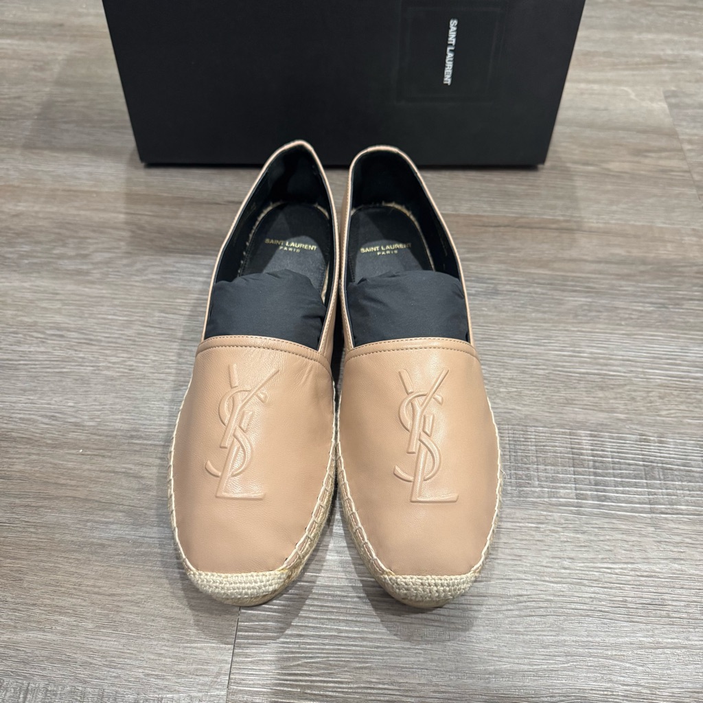 Saint Laurent Monogram Cassandre Slip On Logo Espadrille Flat In Nude Lambskin